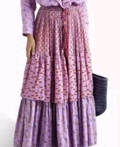 Yvonne Sz XS Women’s Tiered maxi skirt Purple Violet Print Cotton Bohemian, Mint - Picture 1 of 5