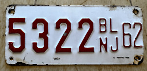 1962 NEW JERSEY BOAT MOTOR BOAT CYCLE SIZE LICENSE PLATE " 5322 BL " NJ 62