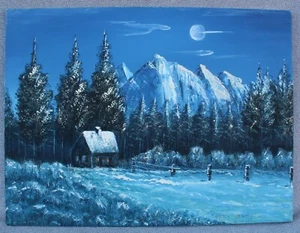 ๐จ Jerry Matejka Canvas Oil Art Painting Winter Scene~Snow~Mountains~Cabin~Trees - Picture 1 of 12