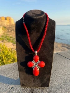 Red Coral Cross 925 Silver Necklace - Picture 1 of 2