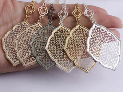 34'' Cutout Filigree Floral Pendant Long Moroccan Necklace Statement Earrings Foto 1 de 4