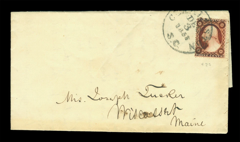 US 1857  Washington 3c rose Sc# 25 on S.Carolina "Charleston DEC 3" cvr to Maine - Image 1 of 2