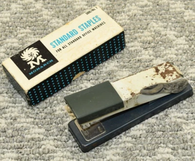 Vintage REXEL Matador Steel Small Desk Stapler 2 Tone Blue/Gray MCM w/ STAPLES - Image 1 of 4