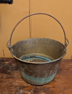 Antique Spun Brass Pail Bucket Stamped Waterbury CT Wrought Handle 9.5"D Hayden? - Picture 1 of 14