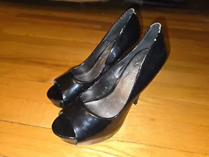 Used Worn Black Patent Jessica Simpson Peep Toe Platform Women's Heels Pump Sz 7 - Picture 1 of 7