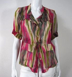 NANETTE LEPORE SHORT SLEEVE BLOUSE BUTTON DOWN SIZE 2 PINK GREEN TAN STRIPED - Picture 1 of 7
