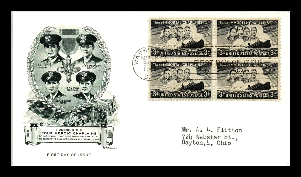 956 3c Stamp (1948) HEROIC -&- BENEVOLENT FOUR CHAPLAINS FDC - ARTMASTER - BLOCK - Image 1 of 1