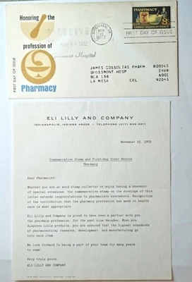 1972 Pharmacy FDC + Eli Lilly Letter Scott #1473 Hospital Addressed & Stamped - Image 1 of 2