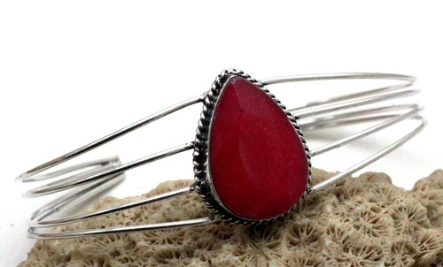 VALENTINO 925 Sterling Silver Pink Ruby Gemstone Handmade Jewelry Cuff Bracelet Size ADJ"