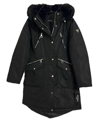 NWT Guess Jacket Women M Black Faux Fur Hood Winter Long Parka Coat Logo Accents - Image 1 of 4