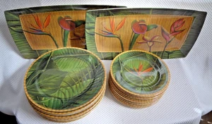 Tropical Bird of Paradise Melamin Servierset 12 Abendessen 12 Salatteller 2 Tabletts - Bild 1 von 5