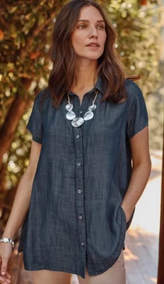 NUEVO CON ETIQUETAS J. JILL Plus 3, túnica azul costero con botones índigo manga corta, detalle Foto 1 de 4