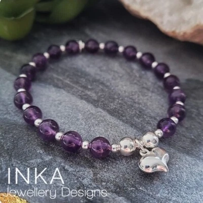 925 Sterling Silver & Amethyst Heart Bracelet Stretch Stacker By INKA - Image 1 of 4