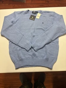 New Polo Ralph Lauren Blue 100% Cotton Crew neck Knit Pullover Sweater Mens L - Picture 1 of 16