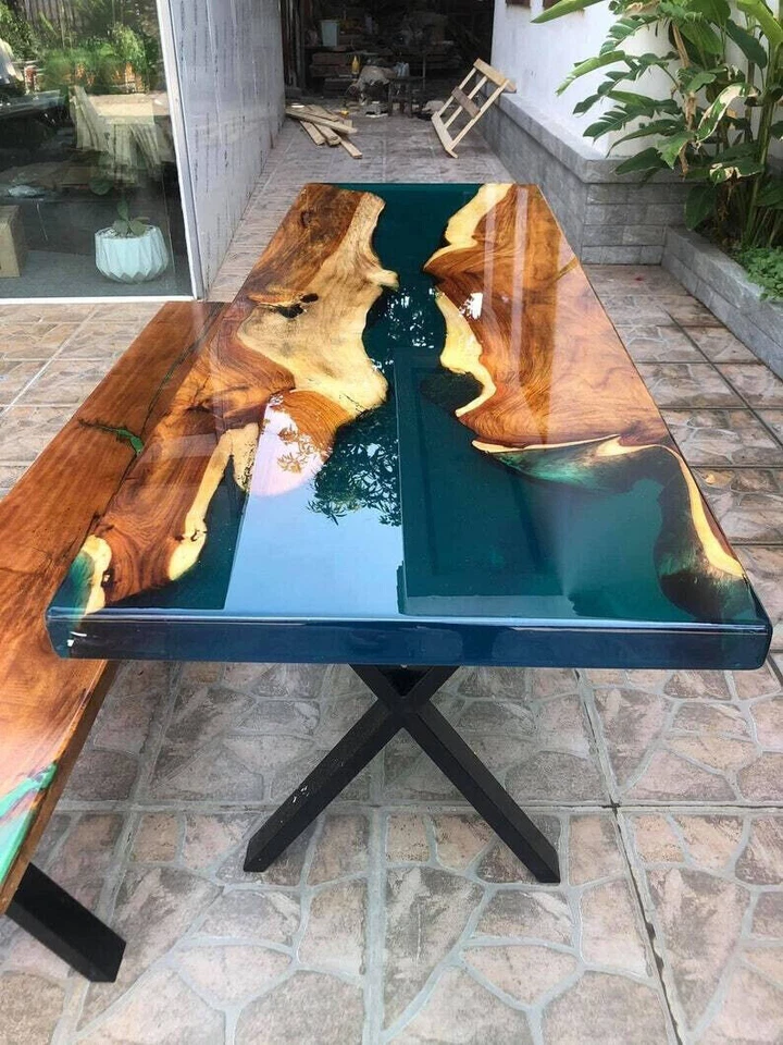 Green Epoxy Resin River Custom Dining Table Handmade Natural Wood Tables Decors - Image 1 of 4