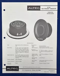 Vintage Altec Lansing Operating Instructions / 427-8A High Freq Transducer - Picture 1 of 1