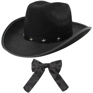 BLACK STUDDED COWBOY HAT AND WESTERN BOW TIE SHERIFF WILD WEST FANCY DRESS - Picture 1 of 1