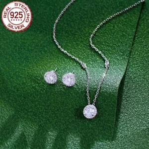 925 Sterling Silber Schmuckset Runde Anhänger Halskette Ohrstecker CZ Damen - Bild 1 von 8