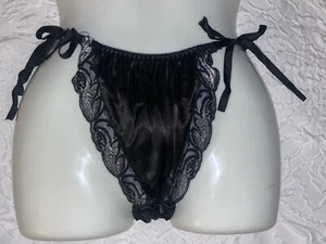 Vintage Glossy Satin String Side Tie Shiny Lace Trim Woman’s 7/L Large Hi Cut - Picture 1 of 9