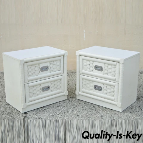 Dixie Cane Rattan Campaign Style White Hollywood Regency Nightstands - a Pair Cover