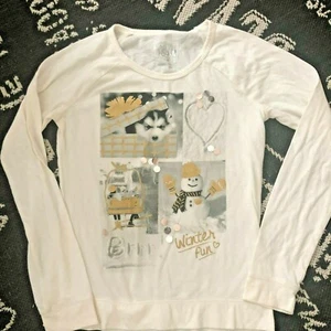 JUSTICE 12 White Gold WINTER FUN T-Shirt TEE TOP Tunic Spangles SNOWMAN SKI - Picture 1 of 9
