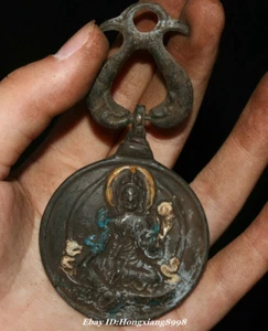 9CM Old Tibet Bronze Painting Green Tara enlightenment Goddess Amulet Pendant - Picture 1 of 6