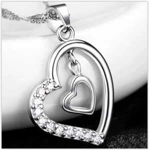 Damen Halskette Herz Zirkon Anhänger Frauen Schmuck Kette 925 Silber verstellbar - Bild 1 von 5