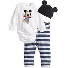 Boy Girl Minnie Mickey Mouse Bodysuit Romper Pants + Hat Clothes 3Pcs Outfits