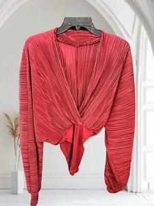 bebe Women M SILK Sheer  Long Sleeve Deep V-Neck Maroon Red Thong Bodysuit - Picture 1 of 4