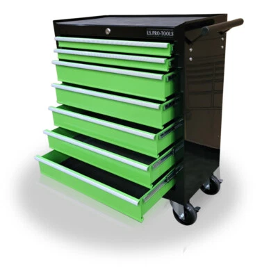 432 US PRO TOOLS STEEL CHEST GREEN BLACK TOOL BOX ROLLER CABINET 7 DRAWERS
