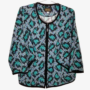 Bob Mackie Women Plus Square Pattern Zip Up Jacket Sz 2X Gray Teal Artsy - Picture 1 of 6