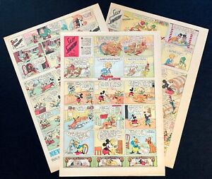 3 Walt Disney 1935 Mickey Mouse Sunday Full Page Silly Symphonies & Lucky Bucks