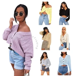 Women Ladies Crop Short Cable Chunky Knitted 3 Button Long Sleeve Cardigan Top - Picture 1 of 20