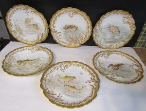 6 Vtg LIMOGES Martial Redon Gold Gilt Hand Painted Fish Porcelain Plates FRANCE - Picture 1 of 14
