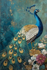 Leinwandbild Blau und Gold Pfau Blumen Wandbild Poster Druck - Bild 1 von 22