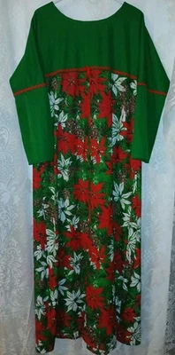 Maxi Vestido Vintage Años 70 Poinsettia Navidad Anfitria Verde Rojo Ric-Rac Jingle XL Foto 1 de 4