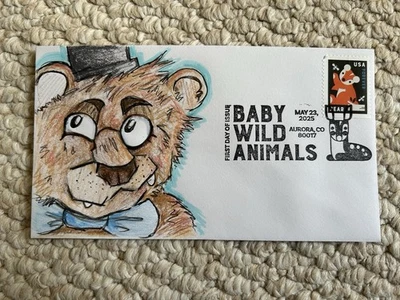 2025 Baby wild animals  FDC Hand Drawn Cachet  Annajoy Marks Bear - Image 1 of 2