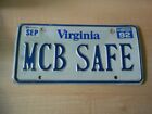 1992 VA Virginia MCB SAFE Vanity Personalized License Plate : USED Original