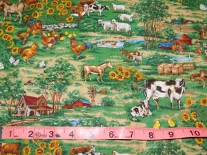 VTG FABRIC 90's JOAN MESSMORE COUNTRY FARM COWS SUNFLOWERS CHICKENS BARN 2 YARDS - Picture 1 of 6