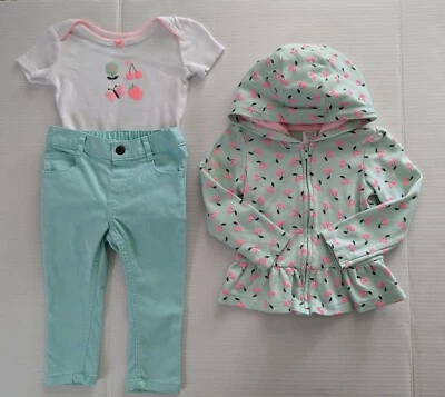 EUC Toddler Girl Mint Green Floral Hoodie One Piece Shirt & Pants Size 18 Months - Image 1 of 4