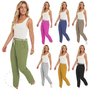 Italienische Damenhose mit Gürtel Leinenmischung lässig zwei Taschen Hose Unterteil - Bild 1 von 10
