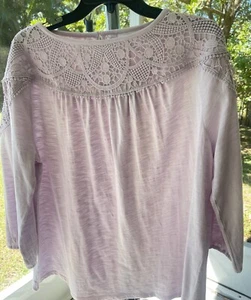 J. Jill Sz Large Pale Orchid Crochet Trim 3/4 sleeve Cottage Core, Beachy Blouse - Picture 1 of 7