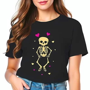 Cute Cartoon Skeleton Cropped T-Shirt with Pink Hearts - Whimsical -All-cotton - Picture 1 of 4
