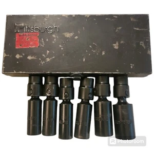 Vtg Pittsburgh 6 Piece 3/8" Drive Black Swivel Socket Set In Original Metal Box - Picture 1 of 8