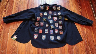 RARE OOAK 1960s Woolrich Jacket Covered w/Vintage Tourist/Travel Patches, S - Image 1 of 4