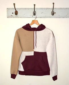 EX DESIGN BY M-17 WINE & TOFFEE PATCHWORK KANGAROO POCKET HOODIE SIZE S-M-L-XL - Picture 1 of 9