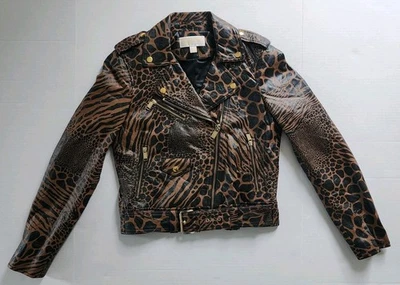 Chaqueta de moto Michael Kors de cuero de cordero con estampado animal - Talla mediana Foto 1 de 4
