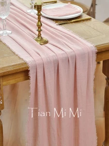 Corredor de mesa de algodón puro rosa polvo gasa rústica comedor textura de rebabas retro - Imagen 1 de 47