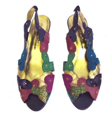 Beverly Feldman De Colección Años 80/90 Puntera Abierta Multicolor + Cuero Dorado Gamuza Planos 6-6.5N Foto 1 de 4