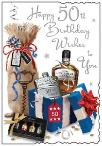 "Biglietto di compleanno 50° Jonny Javelin - Età 50 Flacone Hip Whisky Foglio Argento 9""x6,25" - Foto 1 di 2